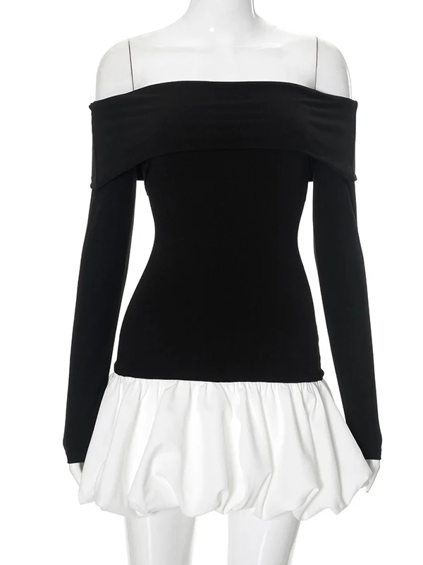 High Waisted Long Sleeves Contrast Color Pleated Split-Joint Off-The-Shoulder Mini Dresses - Image 16