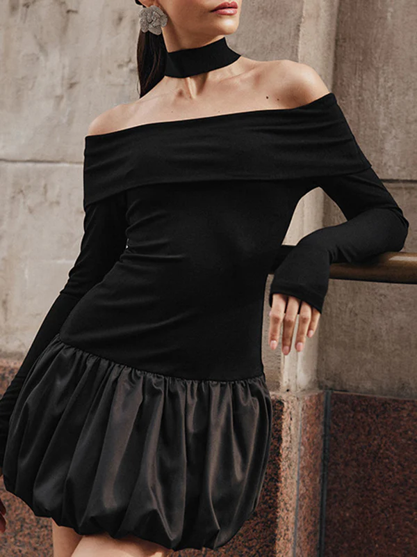 High Waisted Long Sleeves Contrast Color Pleated Split-Joint Off-The-Shoulder Mini Dresses - Image 4
