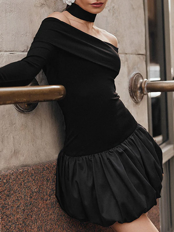 High Waisted Long Sleeves Contrast Color Pleated Split-Joint Off-The-Shoulder Mini Dresses - Image 6