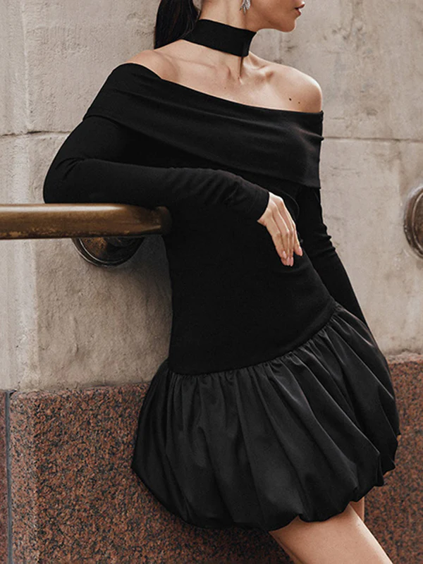High Waisted Long Sleeves Contrast Color Pleated Split-Joint Off-The-Shoulder Mini Dresses - Image 7