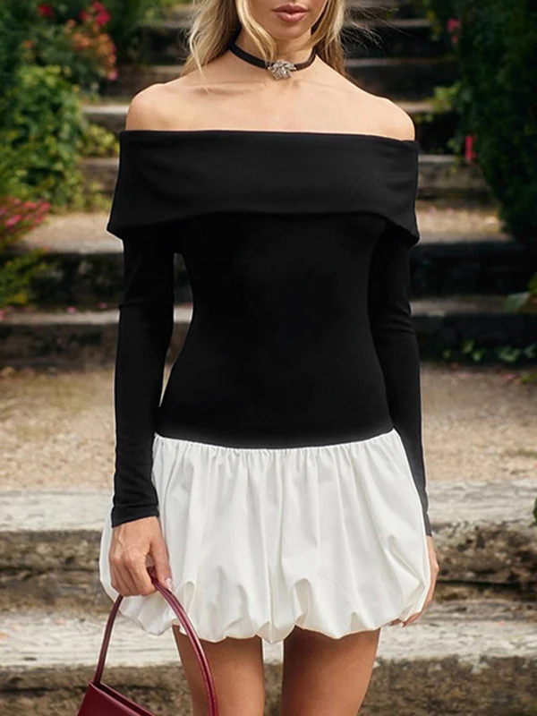 High Waisted Long Sleeves Contrast Color Pleated Split-Joint Off-The-Shoulder Mini Dresses - Image 9