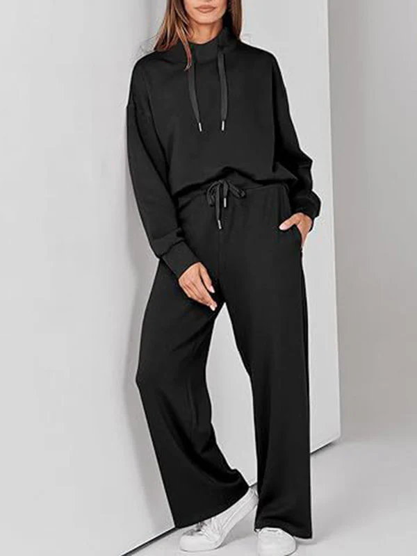 High Waisted Long Sleeves Drawstring Split-Joint Sweatshirt + Pants/Trousers Two Pieces Set - Image 2