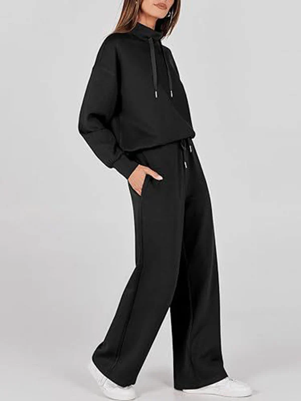 High Waisted Long Sleeves Drawstring Split-Joint Sweatshirt + Pants/Trousers Two Pieces Set - Image 3