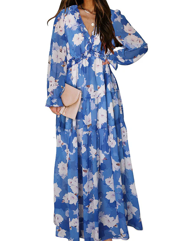 High Waisted Long Sleeves Flower Print Pleated Ruffled V-Neck Maxi Dresses - Image 2