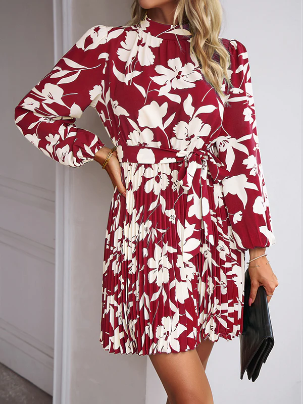 High Waisted Long Sleeves Flower Print Pleated Tied Waist Mock Neck Mini Dresses - Image 10