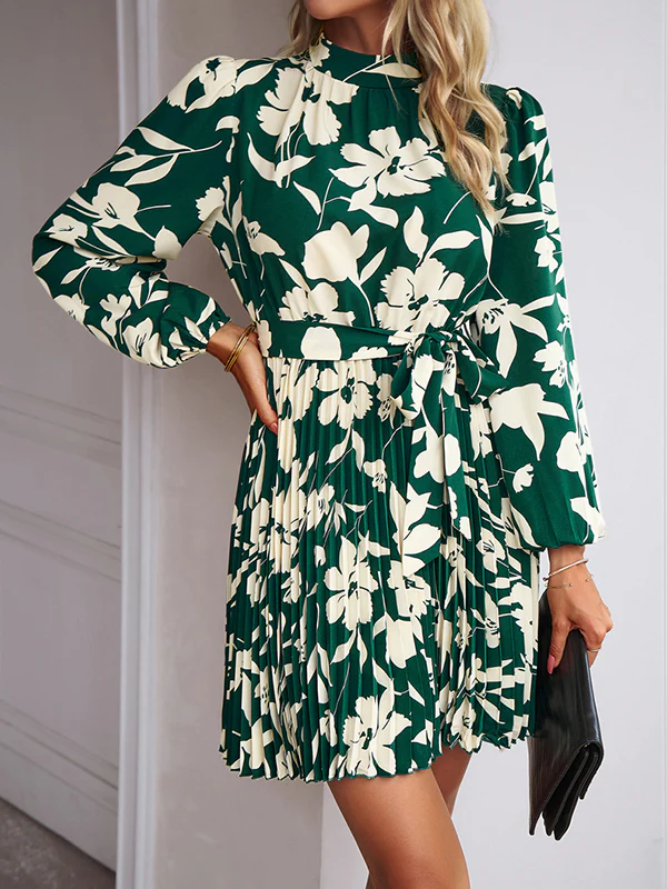High Waisted Long Sleeves Flower Print Pleated Tied Waist Mock Neck Mini Dresses - Image 11
