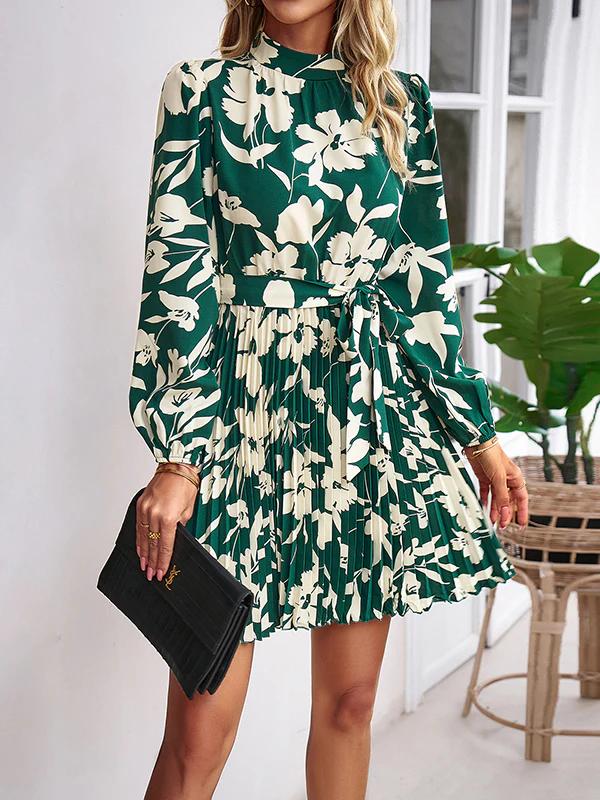 High Waisted Long Sleeves Flower Print Pleated Tied Waist Mock Neck Mini Dresses - Image 12