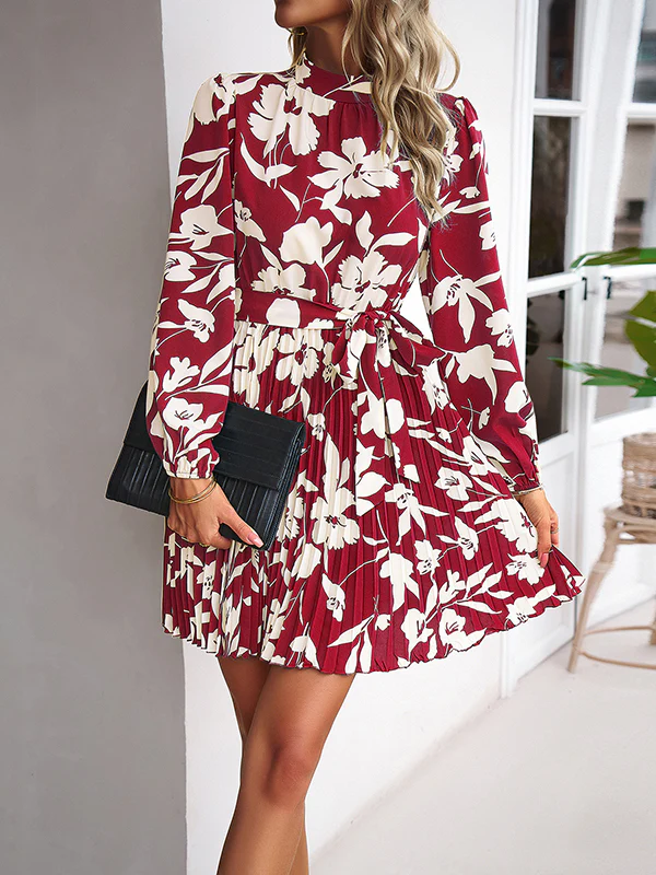 High Waisted Long Sleeves Flower Print Pleated Tied Waist Mock Neck Mini Dresses - Image 2