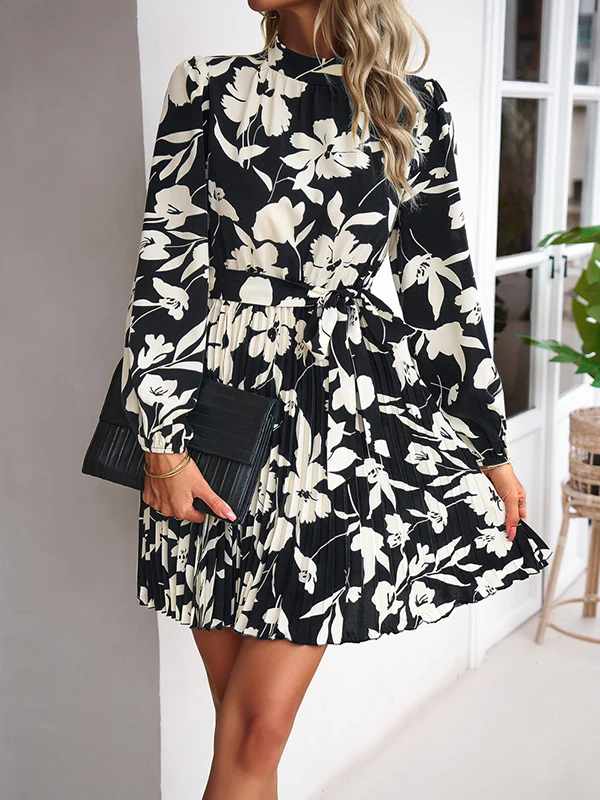 High Waisted Long Sleeves Flower Print Pleated Tied Waist Mock Neck Mini Dresses - Image 3
