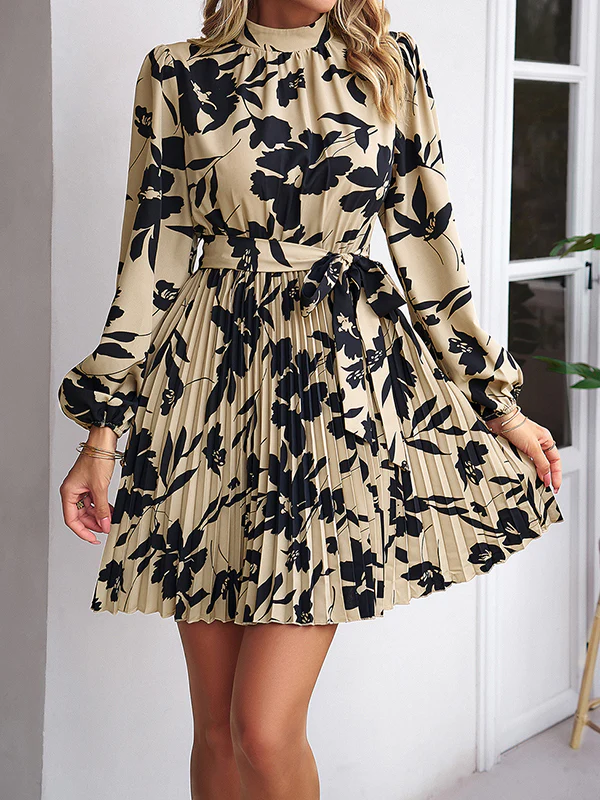 High Waisted Long Sleeves Flower Print Pleated Tied Waist Mock Neck Mini Dresses - Image 4