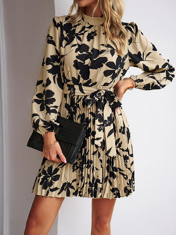 High Waisted Long Sleeves Flower Print Pleated Tied Waist Mock Neck Mini Dresses - Image 5