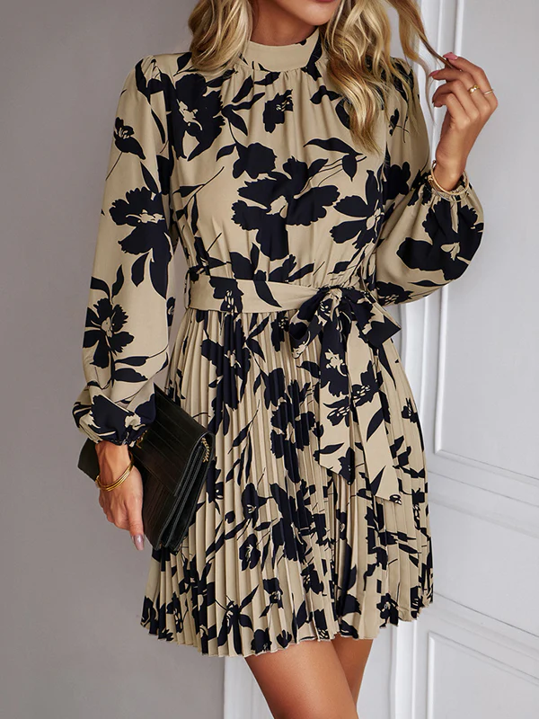 High Waisted Long Sleeves Flower Print Pleated Tied Waist Mock Neck Mini Dresses - Image 6