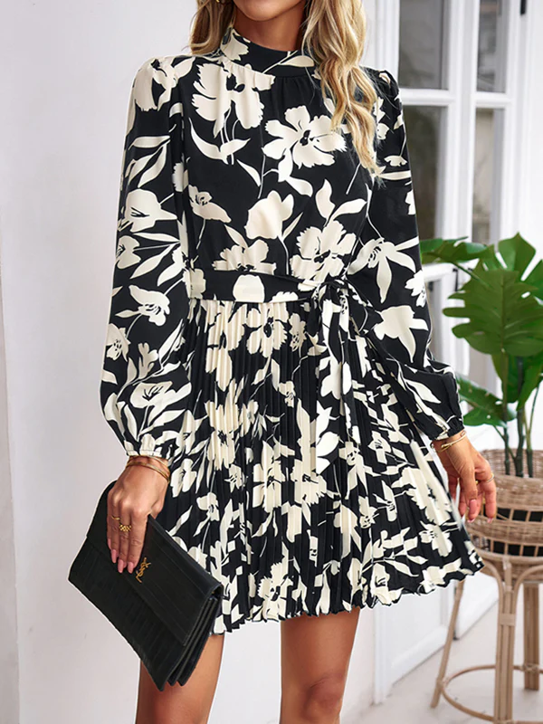 High Waisted Long Sleeves Flower Print Pleated Tied Waist Mock Neck Mini Dresses - Image 7