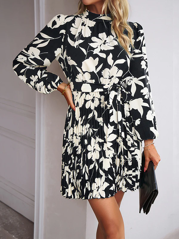 High Waisted Long Sleeves Flower Print Pleated Tied Waist Mock Neck Mini Dresses - Image 8