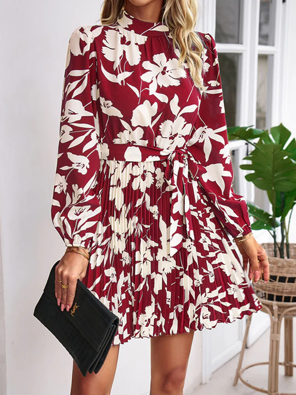 High Waisted Long Sleeves Flower Print Pleated Tied Waist Mock Neck Mini Dresses - Image 9
