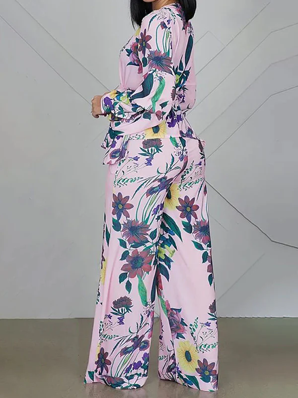 High Waisted Long Sleeves Flower Print Tied Waist V-Neck Shirts Top + Pants Bottom Two Pieces Set - Image 2