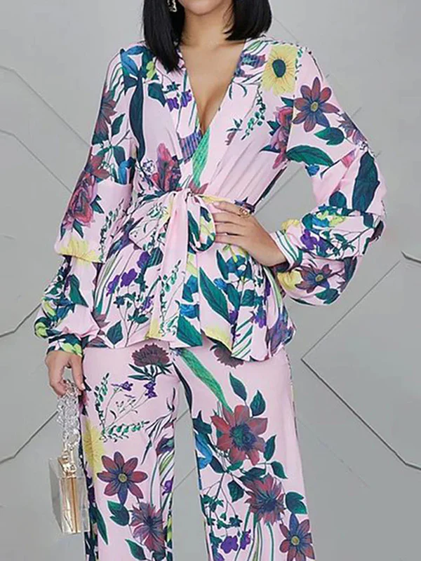 High Waisted Long Sleeves Flower Print Tied Waist V-Neck Shirts Top + Pants Bottom Two Pieces Set - Image 3