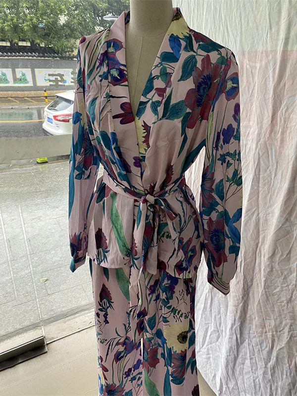 High Waisted Long Sleeves Flower Print Tied Waist V-Neck Shirts Top + Pants Bottom Two Pieces Set - Image 4