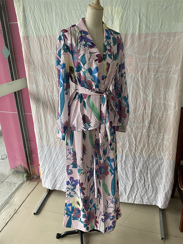 High Waisted Long Sleeves Flower Print Tied Waist V-Neck Shirts Top + Pants Bottom Two Pieces Set - Image 5