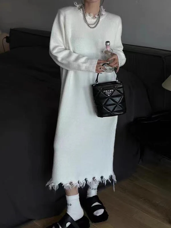 High Waisted Long Sleeves Fringed Solid Color Round-Neck Midi Dresses Sweater Dresses - Image 10