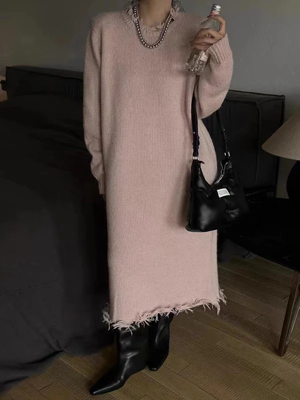 High Waisted Long Sleeves Fringed Solid Color Round-Neck Midi Dresses Sweater Dresses - Image 11