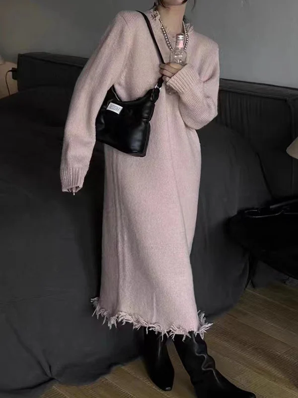 High Waisted Long Sleeves Fringed Solid Color Round-Neck Midi Dresses Sweater Dresses - Image 13