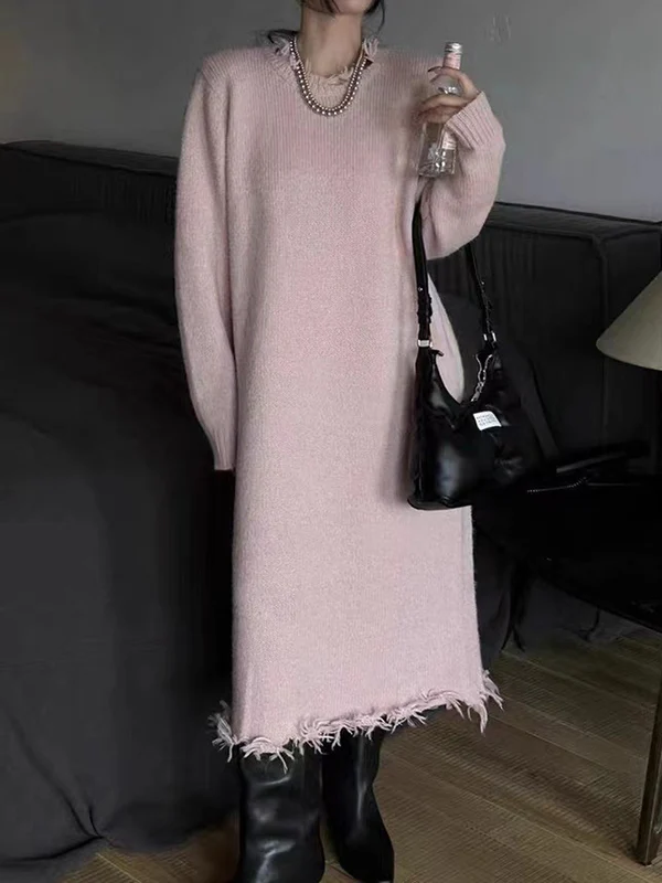 High Waisted Long Sleeves Fringed Solid Color Round-Neck Midi Dresses Sweater Dresses - Image 2