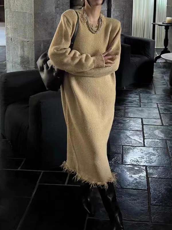 High Waisted Long Sleeves Fringed Solid Color Round-Neck Midi Dresses Sweater Dresses - Image 3