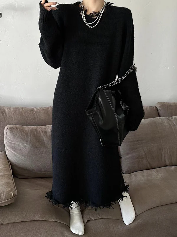 High Waisted Long Sleeves Fringed Solid Color Round-Neck Midi Dresses Sweater Dresses - Image 4