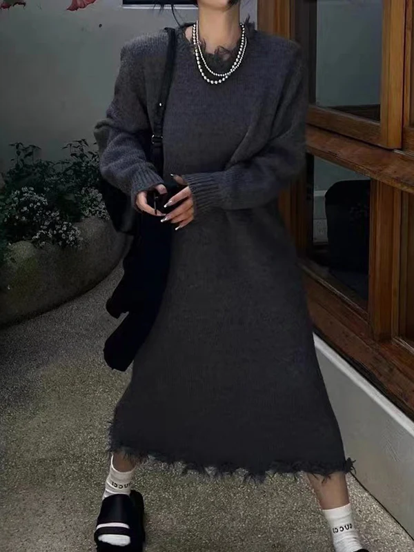 High Waisted Long Sleeves Fringed Solid Color Round-Neck Midi Dresses Sweater Dresses - Image 5