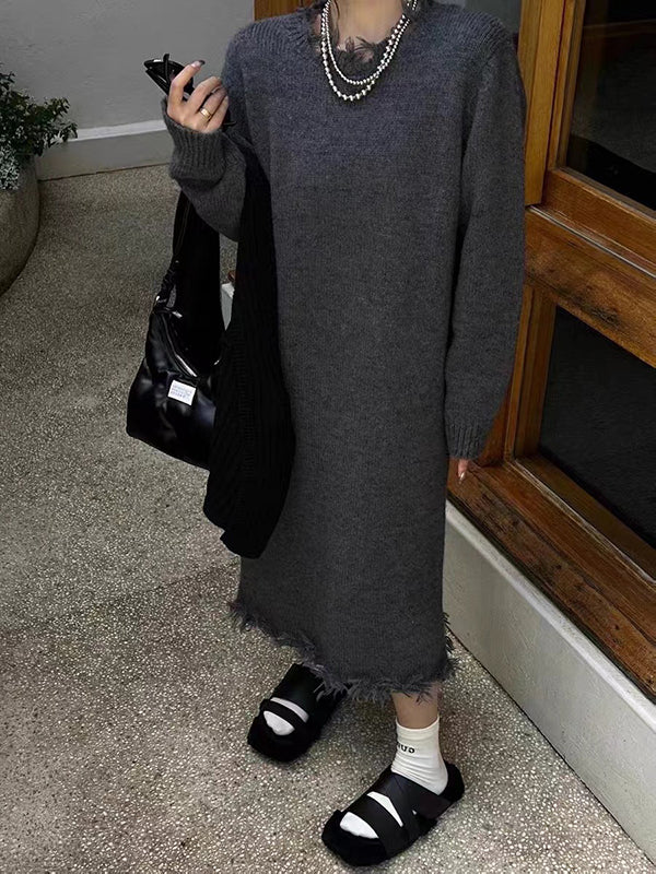 High Waisted Long Sleeves Fringed Solid Color Round-Neck Midi Dresses Sweater Dresses - Image 7