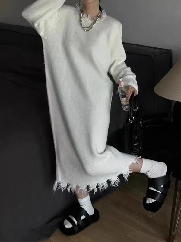 High Waisted Long Sleeves Fringed Solid Color Round-Neck Midi Dresses Sweater Dresses - Image 8