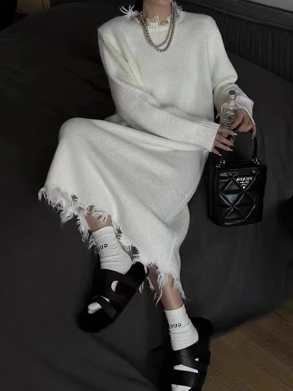 High Waisted Long Sleeves Fringed Solid Color Round-Neck Midi Dresses Sweater Dresses - Image 9