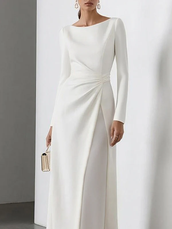 High Waisted Long Sleeves Gauze Pleated Solid Color Split-Joint Round-Neck Maxi Dresses - Image 2