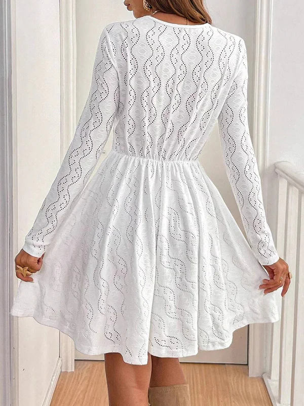 High Waisted Long Sleeves Hollow Lacy Solid Color Split-Joint V-Neck Mini Dresses - Image 4