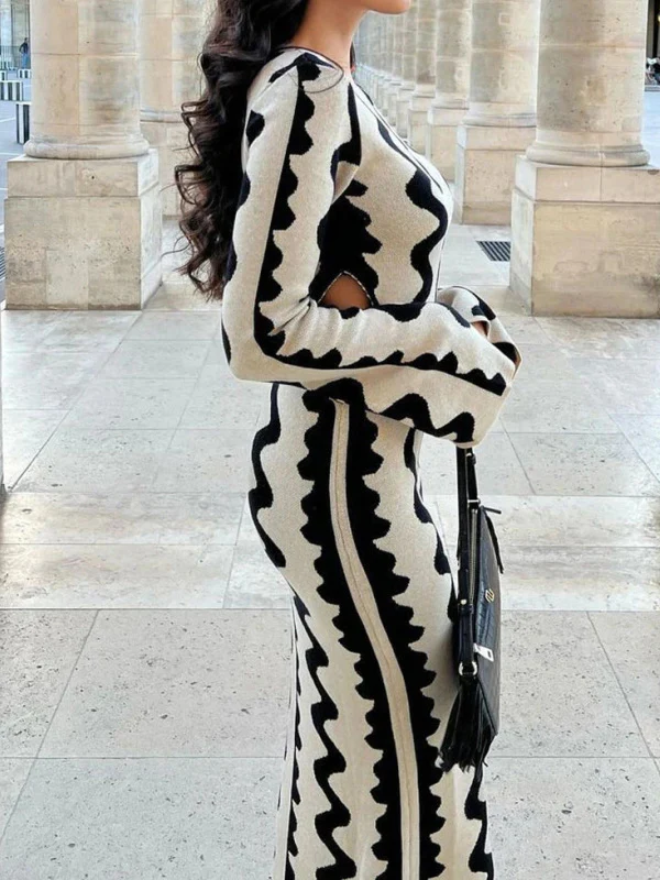 High Waisted Long Sleeves Hollow Printed Round-Neck Maxi Dresses - Image 2