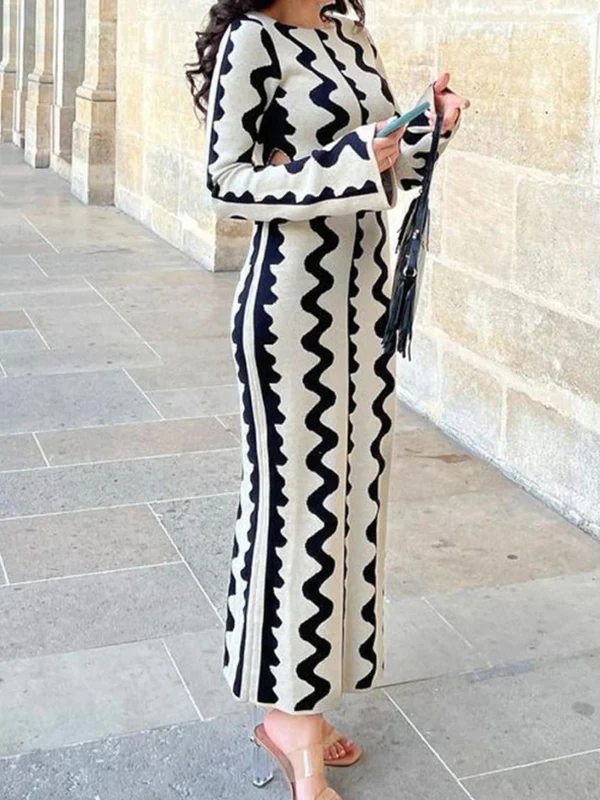 High Waisted Long Sleeves Hollow Printed Round-Neck Maxi Dresses - Image 3