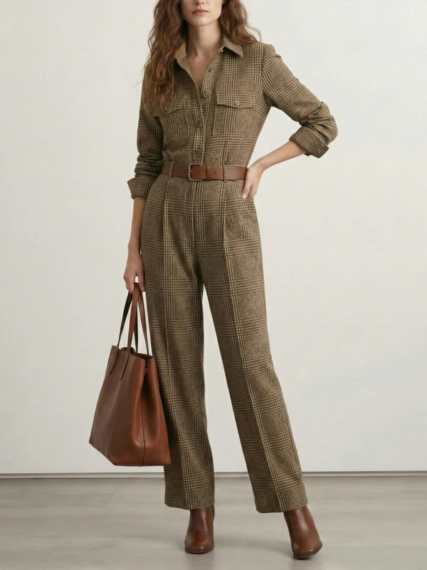 High Waisted Long Sleeves No Belt Plaid Pleated Pockets Lapel Jumpsuits - Image 2