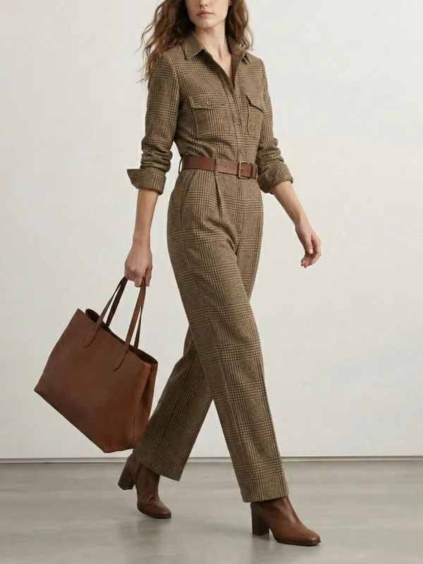 High Waisted Long Sleeves No Belt Plaid Pleated Pockets Lapel Jumpsuits - Image 3