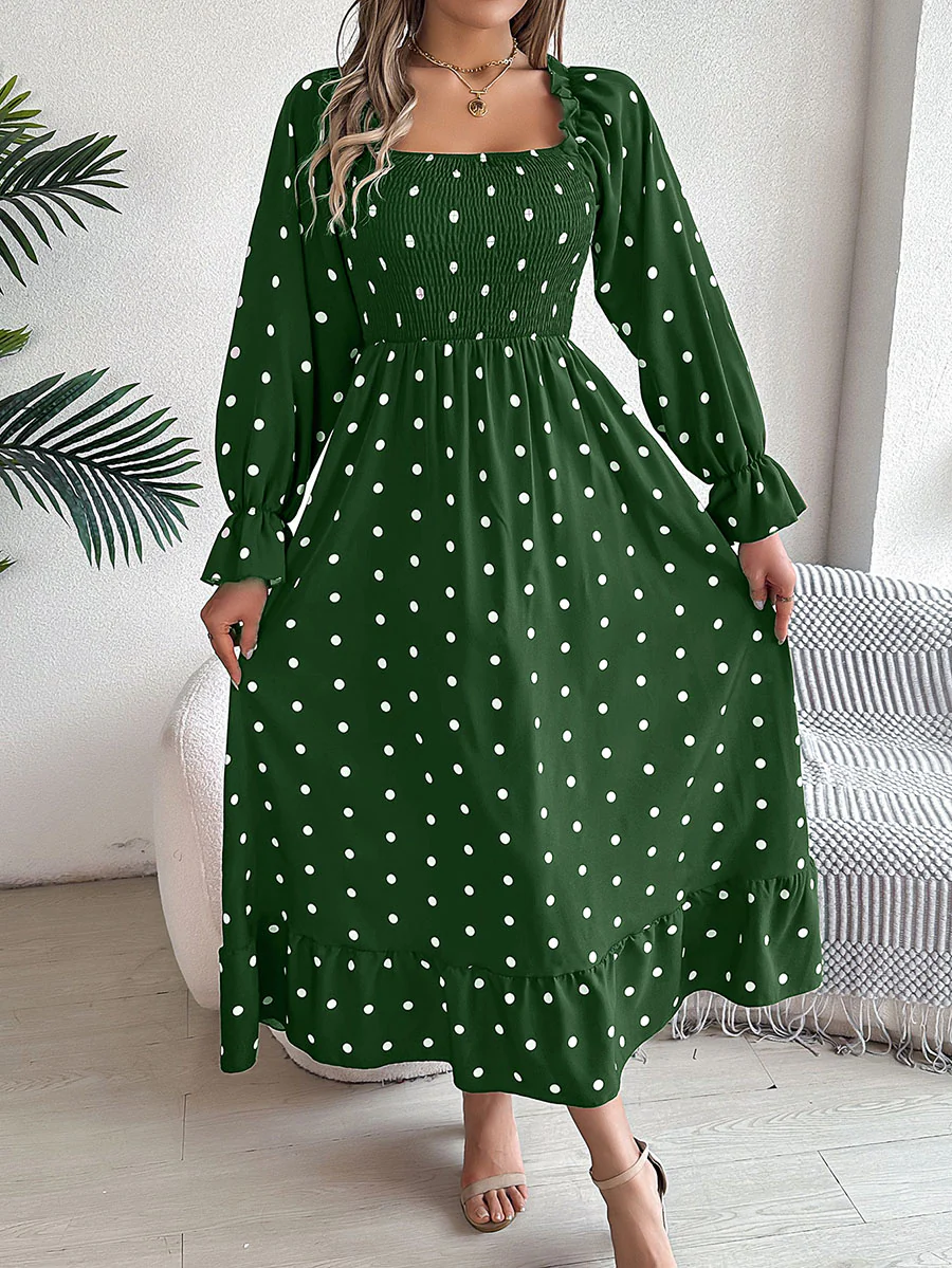 High Waisted Long Sleeves Pleated Polka Dot Ruffled Square-Neck Maxi Dresses Shirt Dress - Image 10