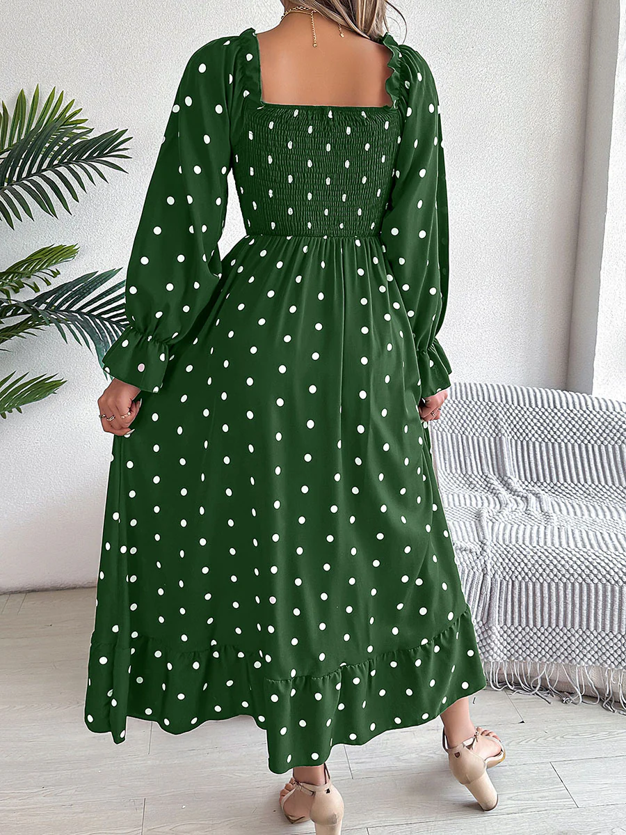 High Waisted Long Sleeves Pleated Polka Dot Ruffled Square-Neck Maxi Dresses Shirt Dress - Image 12