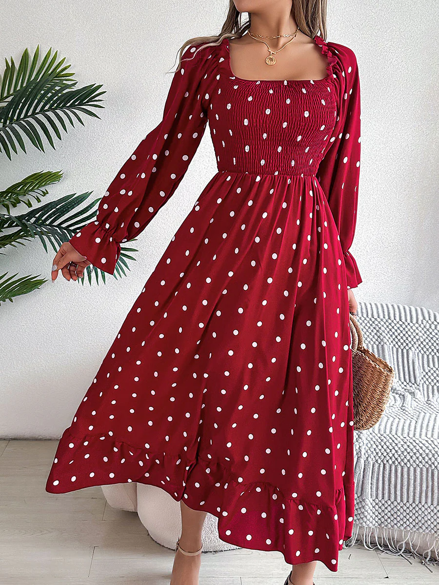 High Waisted Long Sleeves Pleated Polka Dot Ruffled Square-Neck Maxi Dresses Shirt Dress - Image 2