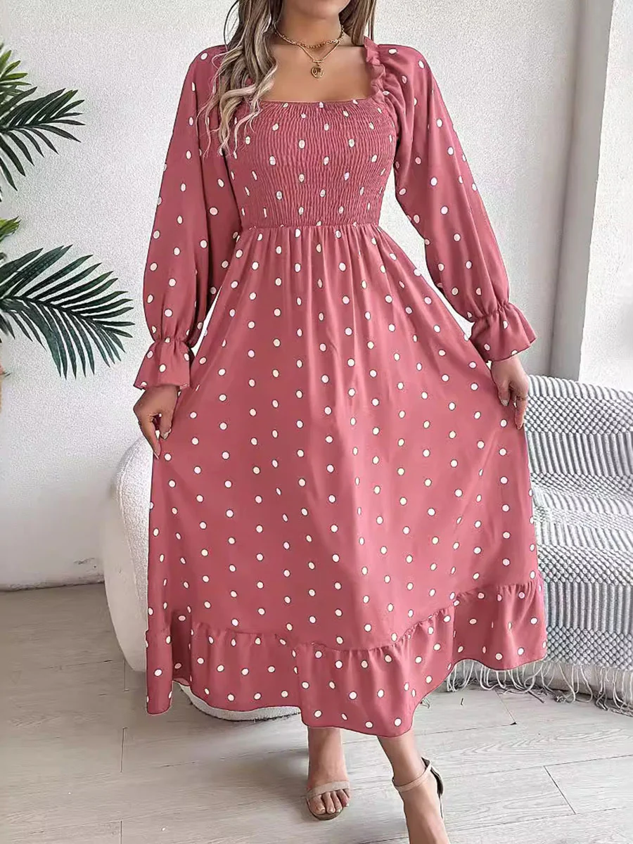 High Waisted Long Sleeves Pleated Polka Dot Ruffled Square-Neck Maxi Dresses Shirt Dress - Image 3