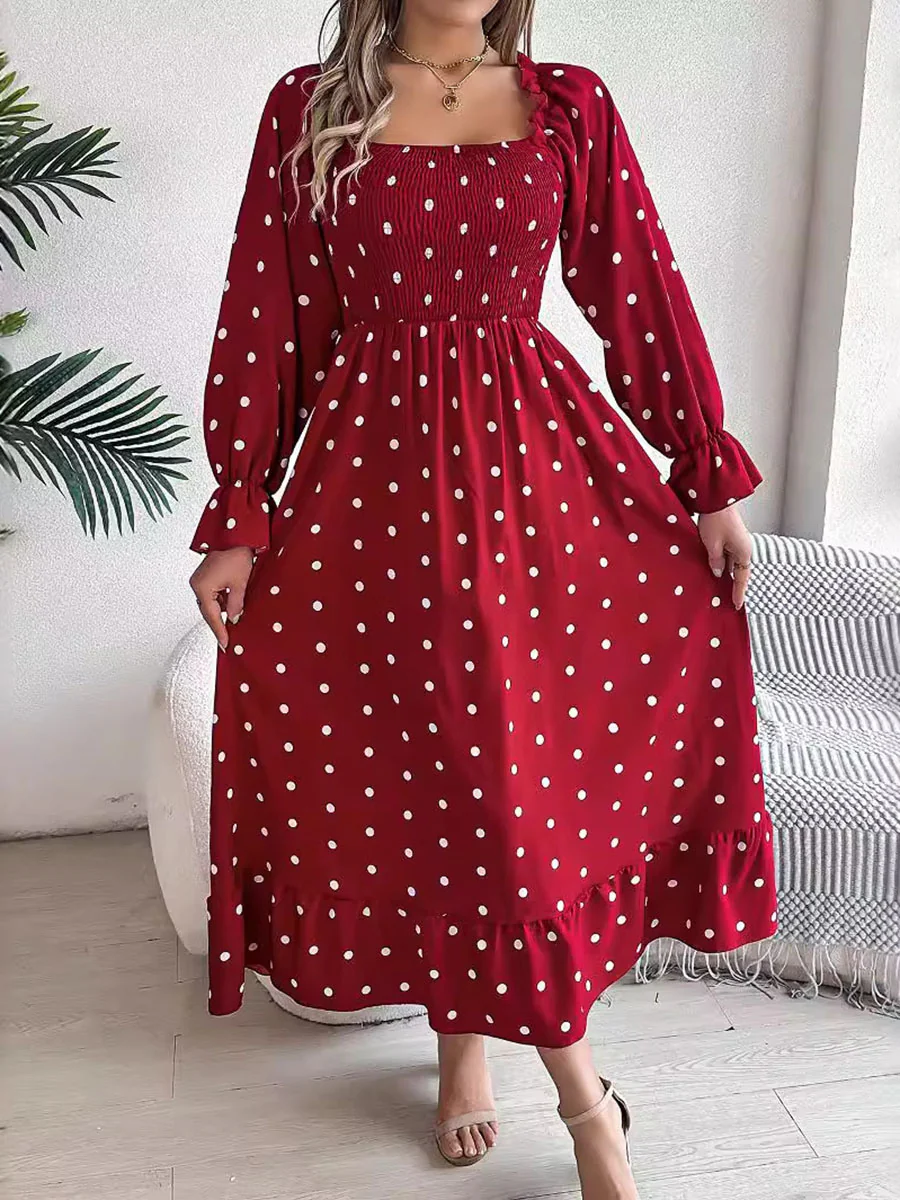 High Waisted Long Sleeves Pleated Polka Dot Ruffled Square-Neck Maxi Dresses Shirt Dress - Image 4