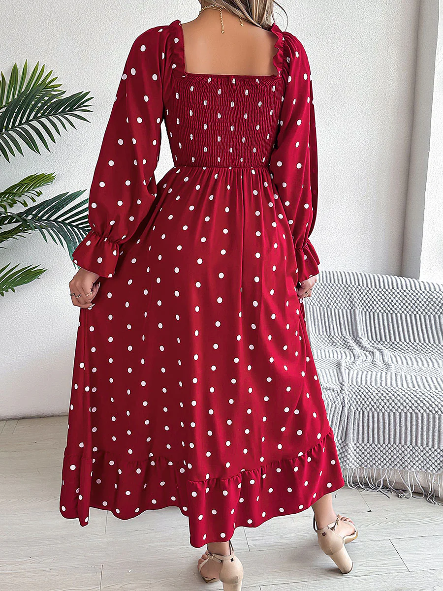 High Waisted Long Sleeves Pleated Polka Dot Ruffled Square-Neck Maxi Dresses Shirt Dress - Image 6
