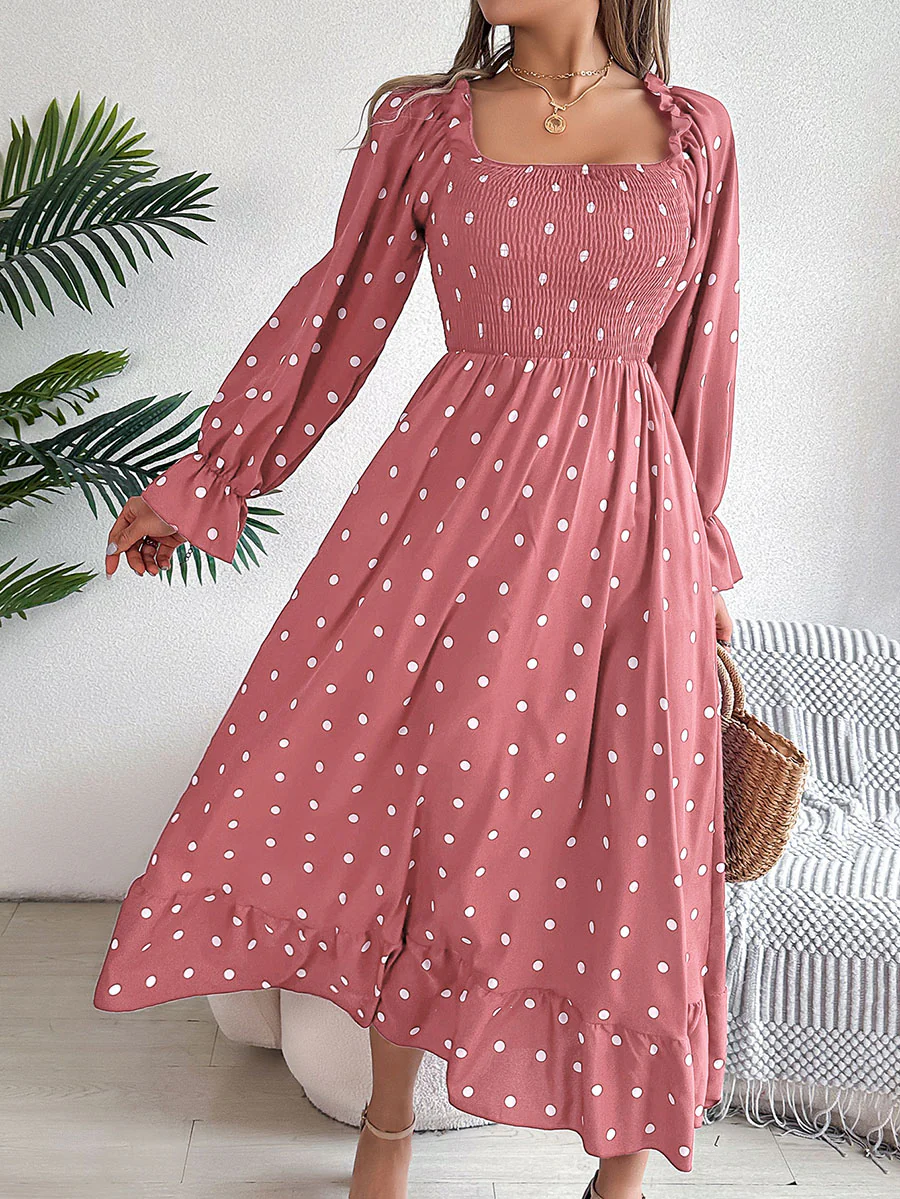High Waisted Long Sleeves Pleated Polka Dot Ruffled Square-Neck Maxi Dresses Shirt Dress - Image 7