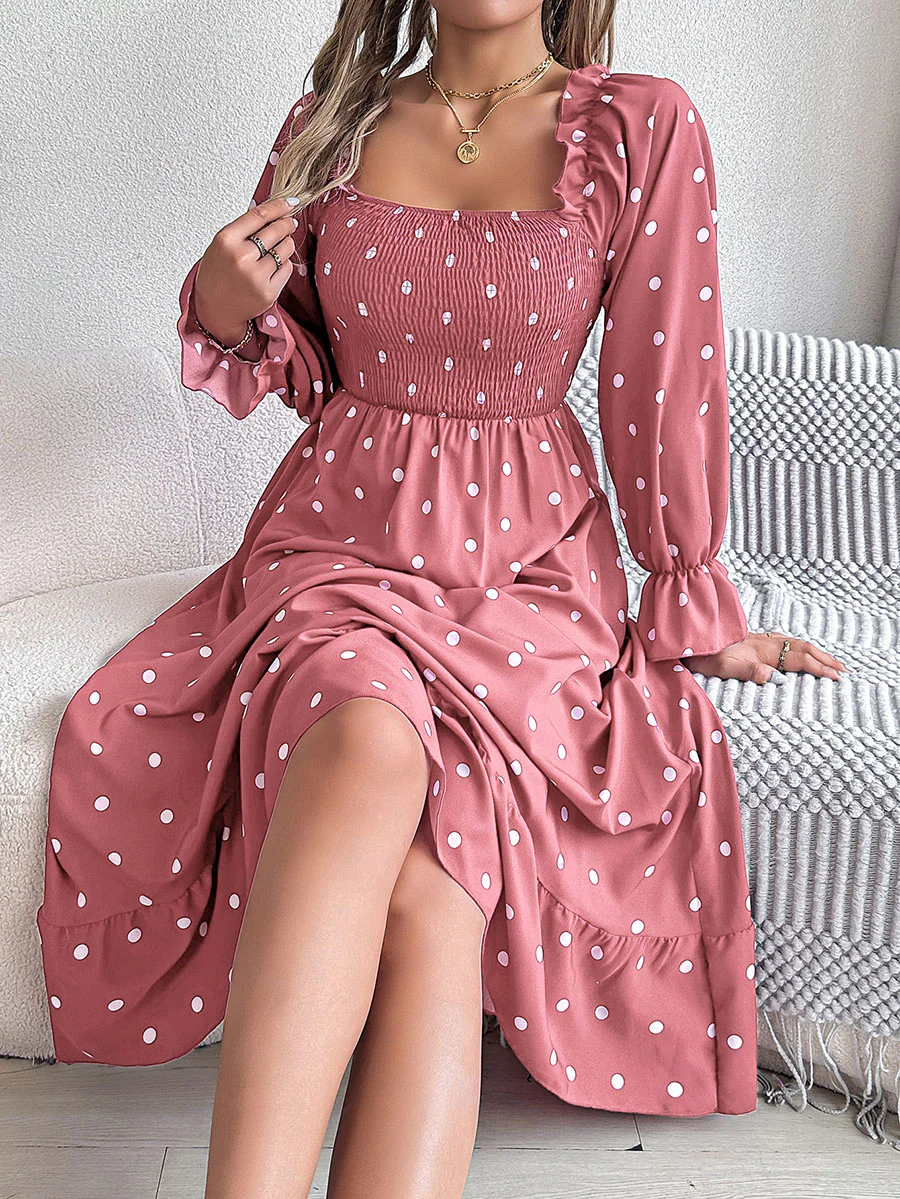 High Waisted Long Sleeves Pleated Polka Dot Ruffled Square-Neck Maxi Dresses Shirt Dress - Image 8