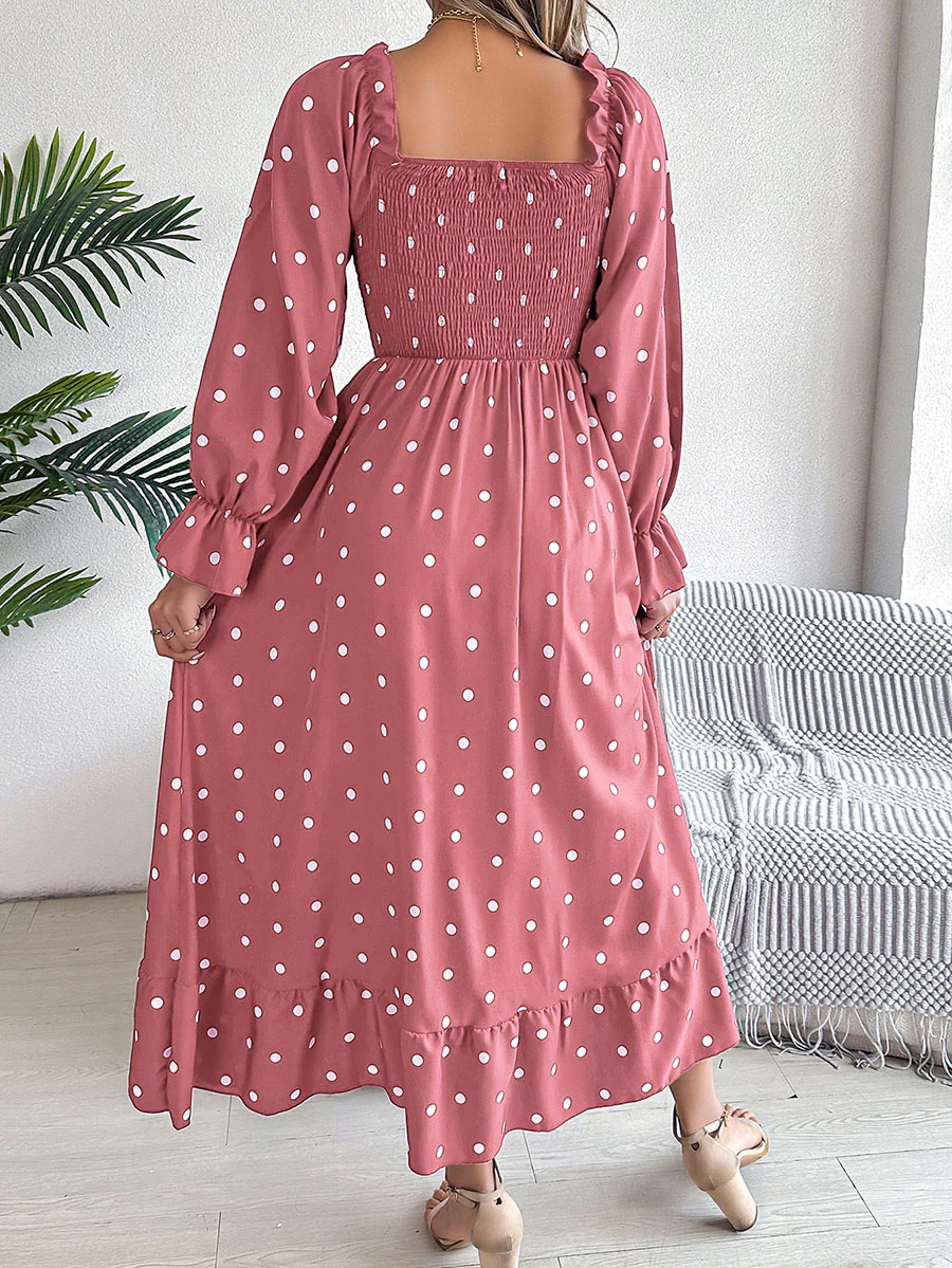 High Waisted Long Sleeves Pleated Polka Dot Ruffled Square-Neck Maxi Dresses Shirt Dress - Image 9