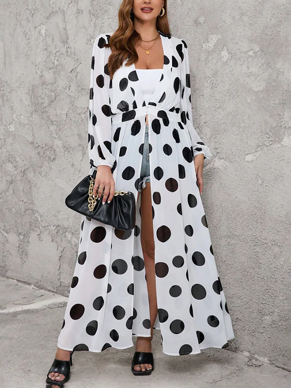 High Waisted Long Sleeves Pleated Polka-Dot See-Through Split-Joint Deep V-Neck Maxi Dresses Outerwear - Image 4