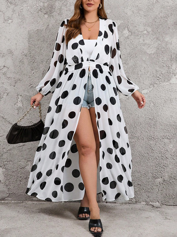 High Waisted Long Sleeves Pleated Polka-Dot See-Through Split-Joint Deep V-Neck Maxi Dresses Outerwear - Image 5